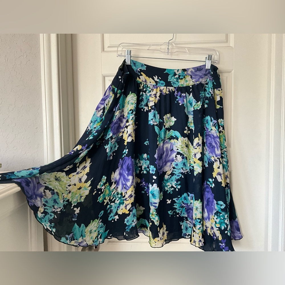 Charter Club Navy Floral Circle Skirt with Purple and Teal Blooms